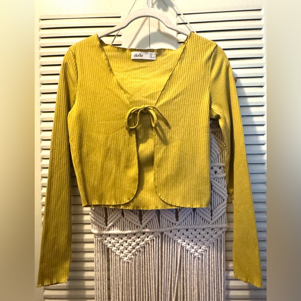 ELODIE Ribbed Tie Front LS Top